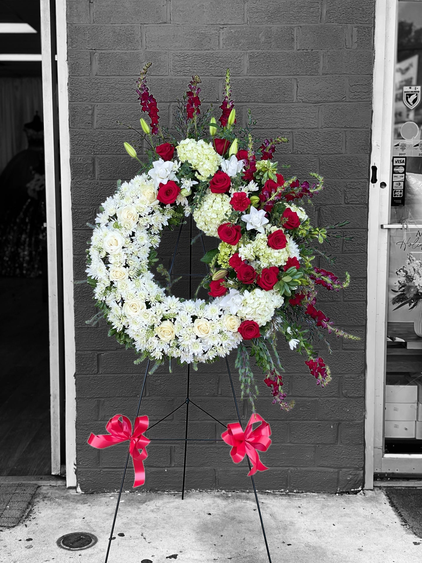 Red and White Funeral Wreath with design